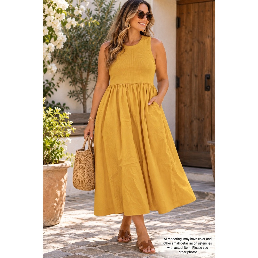 Old Navy Mixed Media Ribbed Bodice Midi Dress 2X Mustard Yellow Boho Sundress
